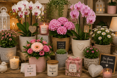 Présentoir de fleurs roses Présentoir de fleurs roses en pots devant la boutique Fleurs Azur
