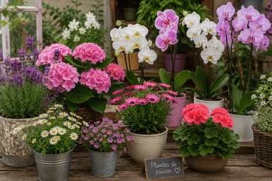 Étalage fleuri devant la boutique Étalage de fleurs roses et blanches devant la boutique Fleurs Azur à Outreau