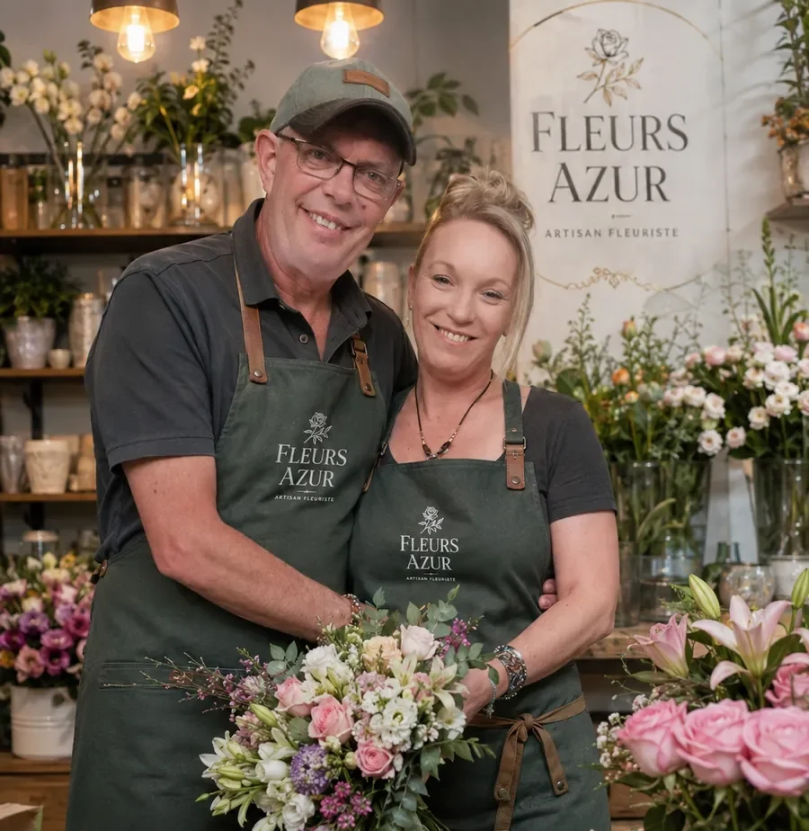 Freddy et Fleur, artisans fleuristes à Outreau, avec un bouquet de fleurs fraîches